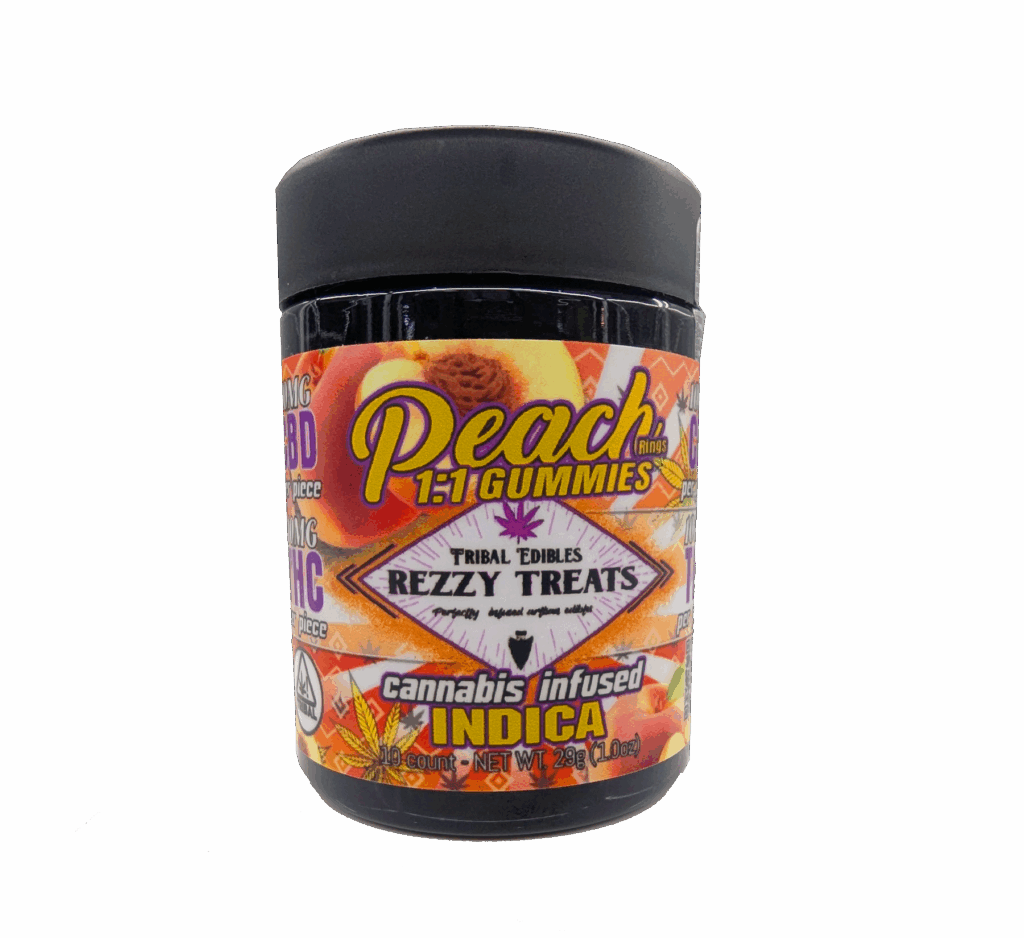 PEACH 1:1 REZZY TREATS 100mg THC/100mg CBD GUMMIES (INDICA)
